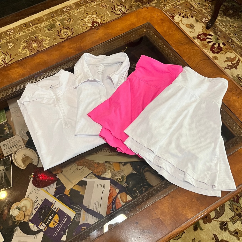 Gottex White Athletic set with two skirts, one shirt, and one overshirt.